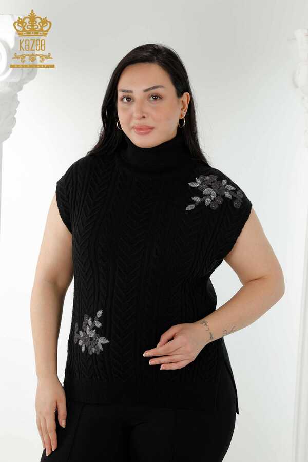 Reel Tekstil - 7GG Produced Corespun Knitwear Maglione Motivo floreale Pietra ricamata Produttore di abbigliamento femminile - 30179 | Tessuto reale