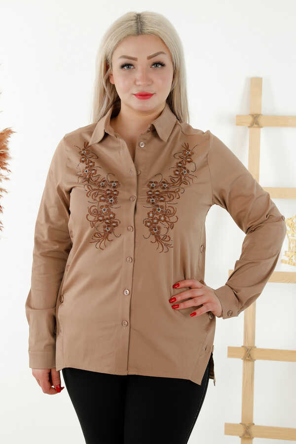 Reel Tekstil - Confeccionada con Tela de Algodón Lycra Camisa - Bordado de Flores - Bordado de Piedras - Ropa de Mujer - 20395 | Textiles reales