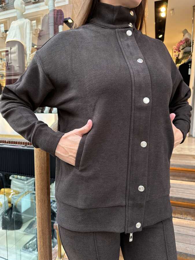 BLS 2536 Toptan Kadın Eşofman Takım Düğmeli Kahve - 3