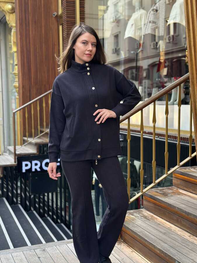 BLS 2536 Wholesale Women's Black Button-Detail Tracksuit Set