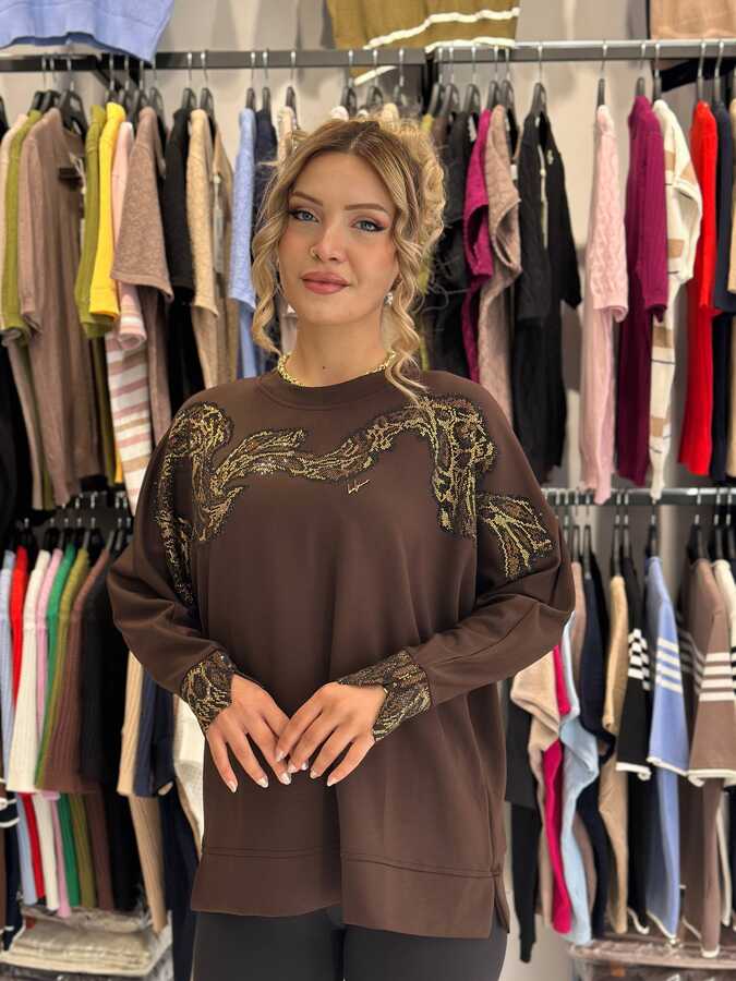  - BLS 2684 Toptan Kadın Bluz Leopar Taş İşlemeli