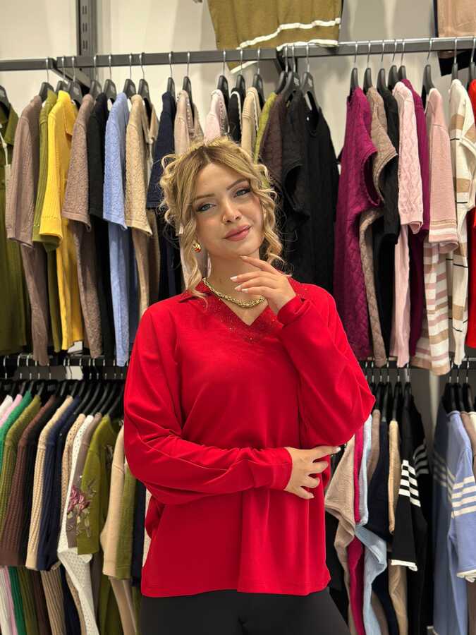  - BLS 2703 Toptan Kadın Bluz Yaka Detaylı