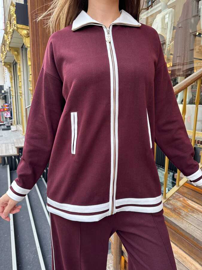 BLS 2796 Toptan Kadın Eşofman Takım Fermuarlı Bordo - 3