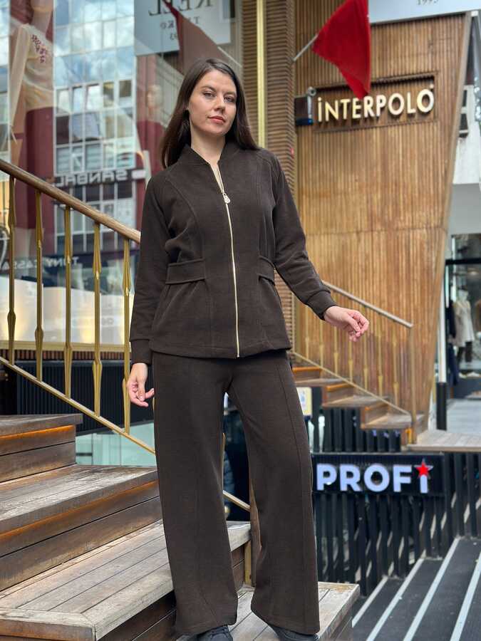 BLS 2798 Wholesale Women's Zippered Brown Tracksuit Set