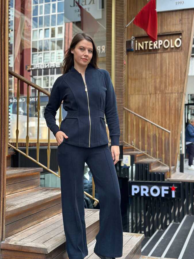 BLS 2798 Wholesale Women's Navy Blue Zippered Tracksuit Set