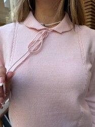 Pull en maille pour femme avec cordon de serrage, rose poudré - 32952 | REEL TRİKO - Thumbnail