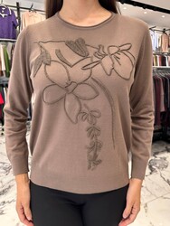 كنزة نسائية محبوكة بالجملة، مطرزة، لون المنك - 32906 | ريل تريكو - Thumbnail