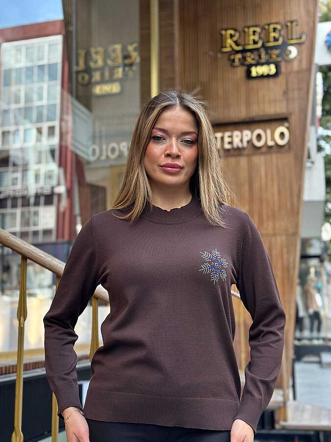 Оптовая продажа женских вязаных свитеров с воротником-стойкой, коричневого цвета - 32993 | REEL TRİKO - 1