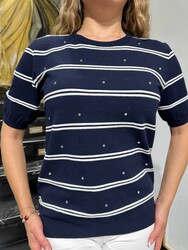 Оптовая продажа женских вязаных свитеров с бисерной отделкой и каменной вышивкой - темно-синий - 32271 | REEL TRİKO - Thumbnail