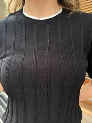 Оптовая продажа женских вязаных свитеров с круглым вырезом, черные, артикул 32237 | REEL TRİKO 1993 - Thumbnail