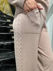Pantalon tricoté pour femme en gros - Avec poches - Rose poudré - 32912 | REEL TRİKO - Thumbnail