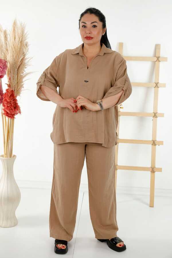 Reel Tekstil - Realizzato con tessuto di cotone Lycra - Abito camicia e pantalone - Produttore di abbigliamento da donna - 20402 | Vero tessuto