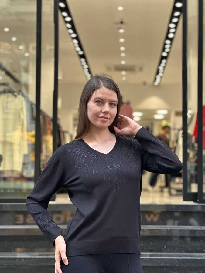 Reel Triko - Pull en maille pour femme, col V, noir - 32609 | REEL TRİKO