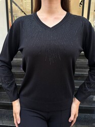 Pull en maille pour femme, col V, noir - 32609 | REEL TRİKO - Thumbnail