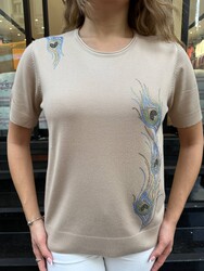 Pull en maille pour femme en gros - Col rond - Beige - 32983 | REEL TRİKO - Thumbnail