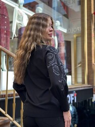 Pull en maille pour femme en gros - Détail manches - Noir - 32126 | REEL TRİKO - Thumbnail