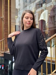 Pull en maille pour femme avec détails aux manches, noir - 32984 | REEL TRİKO - Thumbnail