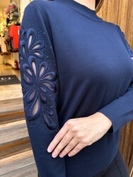 Pull en maille pour femme en gros - Détail manches - Bleu marine - 32984 | REEL TRİKO - Thumbnail