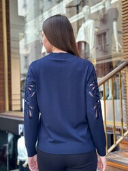 Pull en maille pour femme en gros - Détail manches - Bleu marine - 32984 | REEL TRİKO - Thumbnail