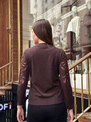 Pull en maille pour femme en gros - Détail manches - Marron - 32984 | REEL TRİKO - Thumbnail