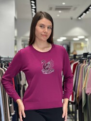 Pull en maille pour femme avec broderie cygne, violet - 32904 | REEL TRİKO - Thumbnail