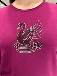 Pull en maille pour femme avec broderie cygne, violet - 32904 | REEL TRİKO - Thumbnail