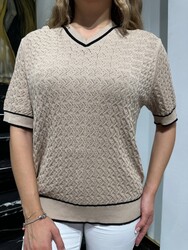 Pull en maille pour femme en gros - Col V - Beige - 32588 | REEL TRİKO - Thumbnail