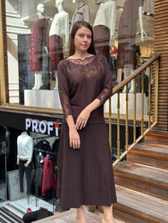 Pull en maille pour femme en gros - Orné de pierres - Marron - 32988 | REEL TRİKO - Thumbnail
