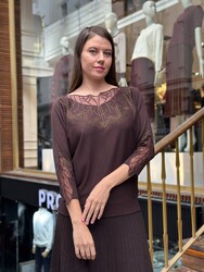 Pull en maille pour femme en gros - Orné de pierres - Marron - 32988 | REEL TRİKO - Thumbnail