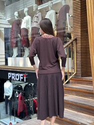 Pull en maille pour femme en gros - Orné de pierres - Marron - 32988 | REEL TRİKO - Thumbnail