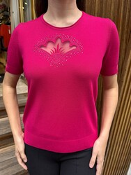 Pull en maille pour femme avec détail en tulle, fuchsia - 32920 | REEL TRİKO - Thumbnail