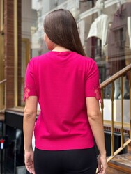 Pull en maille pour femme avec détail en tulle, fuchsia - 32920 | REEL TRİKO - Thumbnail