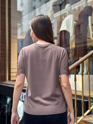 Pull en maille pour femme en gros - Détail tulle - Vison foncé - 32920 | REEL TRİKO - Thumbnail