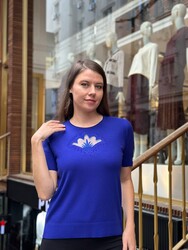 Pull en maille pour femme en gros - Avec détail en tulle - Bleu marine - 32920 | REEL TRİKO - Thumbnail