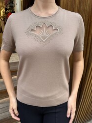 Pull en maille pour femme avec détail en tulle, beige - 32920 | REEL TRİKO - Thumbnail