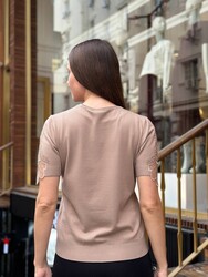 Pull en maille pour femme avec détail en tulle, beige - 32920 | REEL TRİKO - Thumbnail