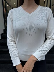Pull en maille pour femme, col V, écru - 32609 | REEL TRİKO - Thumbnail