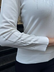 Pull en maille pour femme, col V, écru - 32609 | REEL TRİKO - Thumbnail