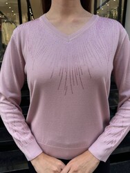 Pull en maille pour femme en gros - Col V - Rose poudré - 32609 | REEL TRİKO - Thumbnail