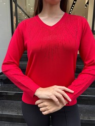Vente en gros Pull en maille rouge à col V pour femme - 32609 | REEL TRİKO - Thumbnail