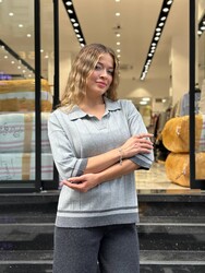 Pull polo en maille pour femme, gris, col polo - 32897 | REEL TRİKO - 2
