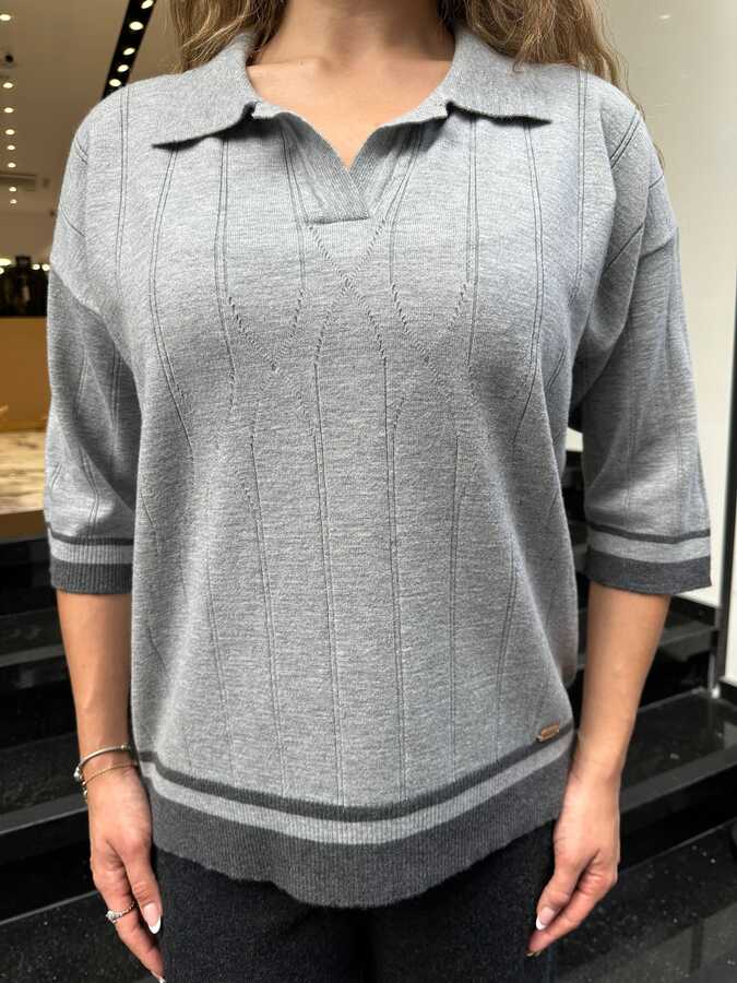 Pull polo en maille pour femme, gris, col polo - 32897 | REEL TRİKO - 3