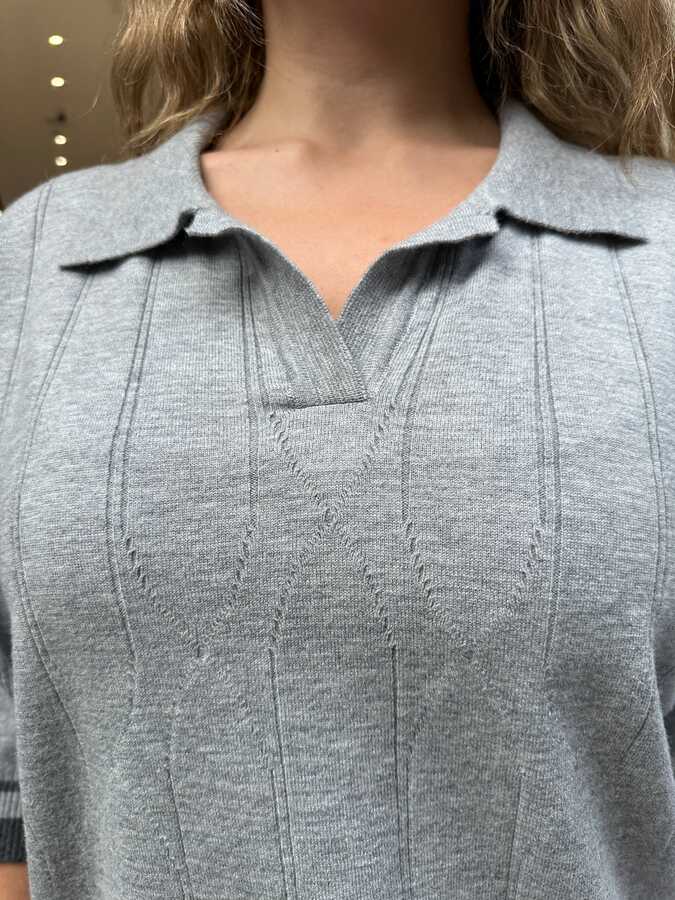 Pull polo en maille pour femme, gris, col polo - 32897 | REEL TRİKO - 4