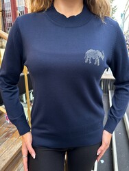 Pull en maille pour femme avec ornements en pierre, bleu marine - 32939 | REEL TRİKO - 2
