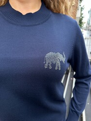 Pull en maille pour femme avec ornements en pierre, bleu marine - 32939 | REEL TRİKO - 3