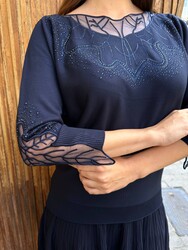 Pull en maille pour femme en gros - Orné de pierres - Bleu marine - 32988 | REEL TRİKO - Thumbnail