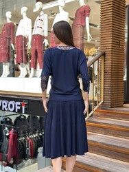 Pull en maille pour femme en gros - Orné de pierres - Bleu marine - 32988 | REEL TRİKO - Thumbnail
