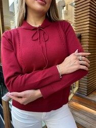 Pull en maille pour femme en gros - Détail cordon de serrage - Bordeaux - 32952 | REEL TRİKO - Thumbnail