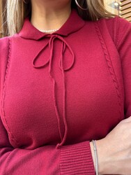 Pull en maille pour femme en gros - Détail cordon de serrage - Bordeaux - 32952 | REEL TRİKO - Thumbnail