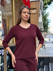 Pull en maille pour femme en gros - Manches courtes - Prune - 31515 | REEL TRİKO - Thumbnail